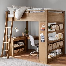 Loft Bed Natural Oak Wood with Integrated Desk and Corkboard Panel
