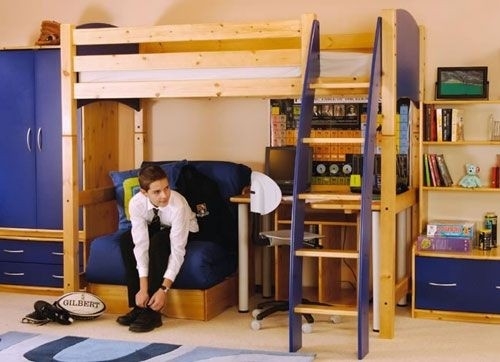 Loft Bed Natural Wood Navy Blue Built In Futon Matching Wardrobe