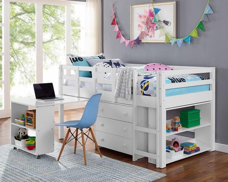 Loft Bed Set Mobile Casters Desk, Loft Bed with Pull Out Desk