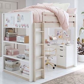 Loft Bed Two Tone White Wood Desk Side Shelving