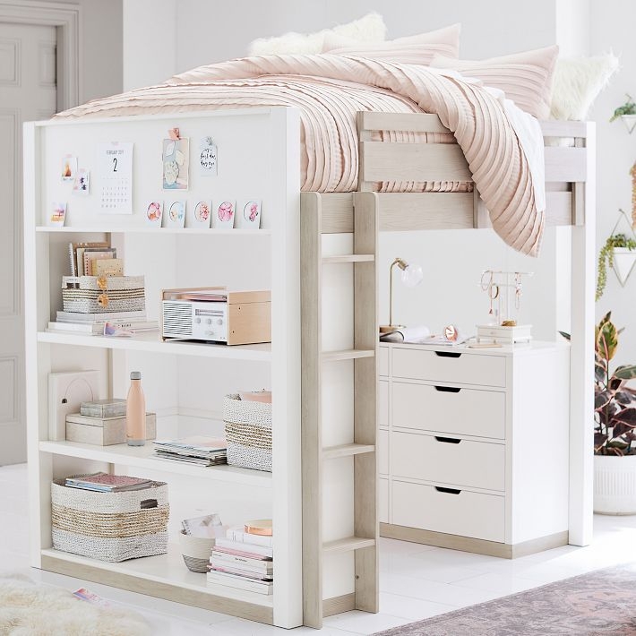 Loft Bed Weathered White Accents Integrated Bookshelf Recessed Pulls