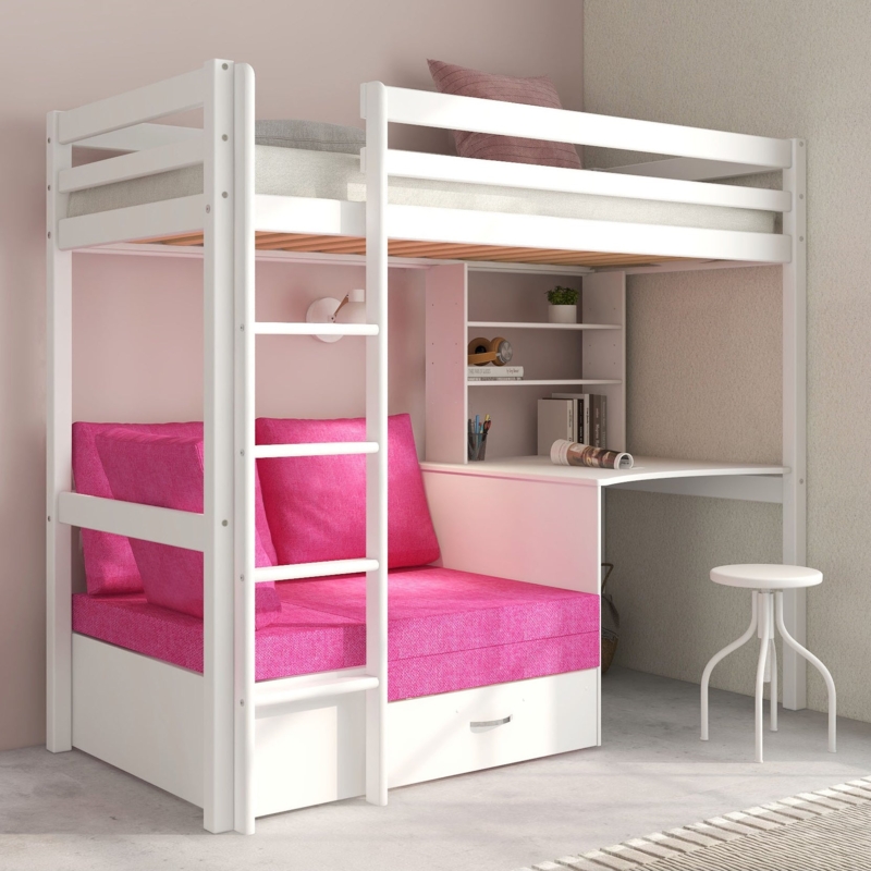 Loft Bed White Fuchsia Pink Convertible Sofa Integrated Desk