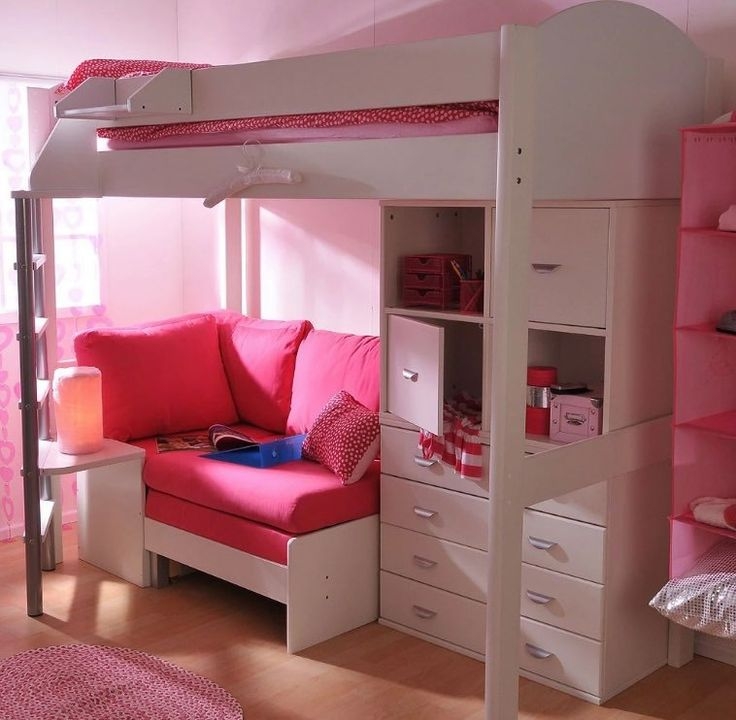 Loft Bed White Integrated Sofa Pink Upholstery Shelving Unit