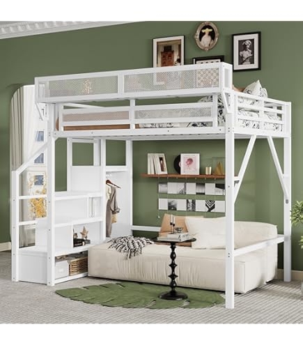 Loft Bed White Metal Frame Mesh Guardrails, Modern White Bunk Bed Mesh