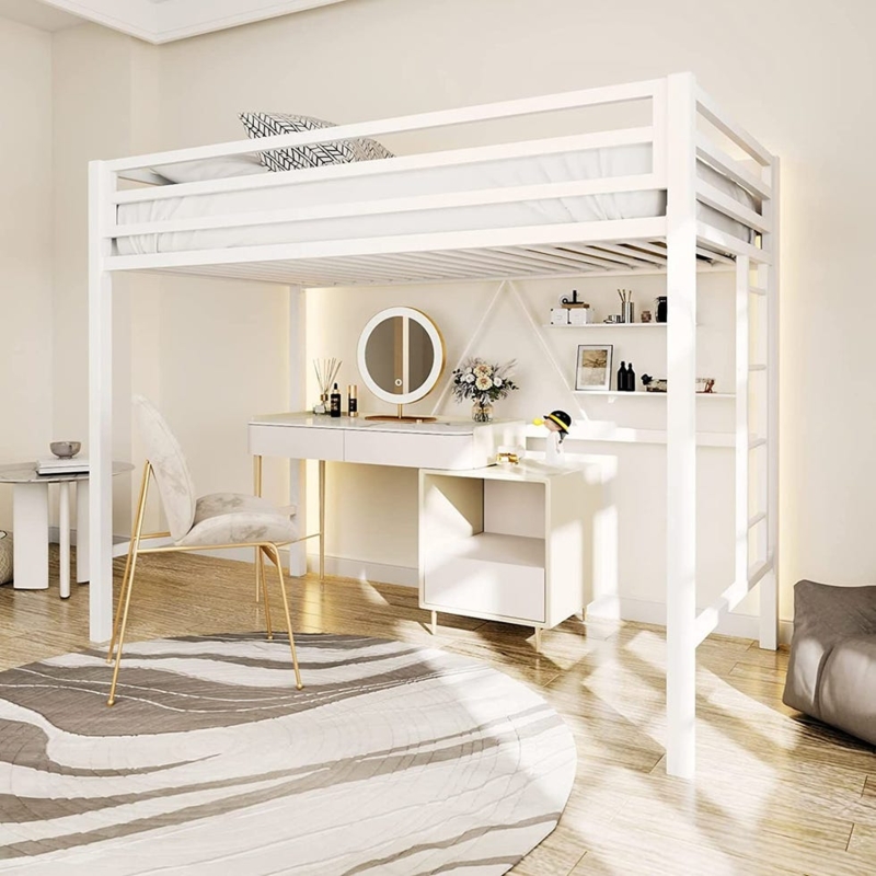 Loft Bed White Metal with Integrated Vanity Desk and LED Mirror