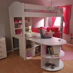 Loft Bed White Swivel Desk Vibrant Red Futon Integrated Shelving