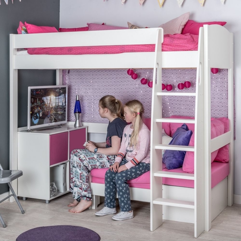 Loft Bed White Vibrant Pink Built In Sofa Storage Cubbies Desk