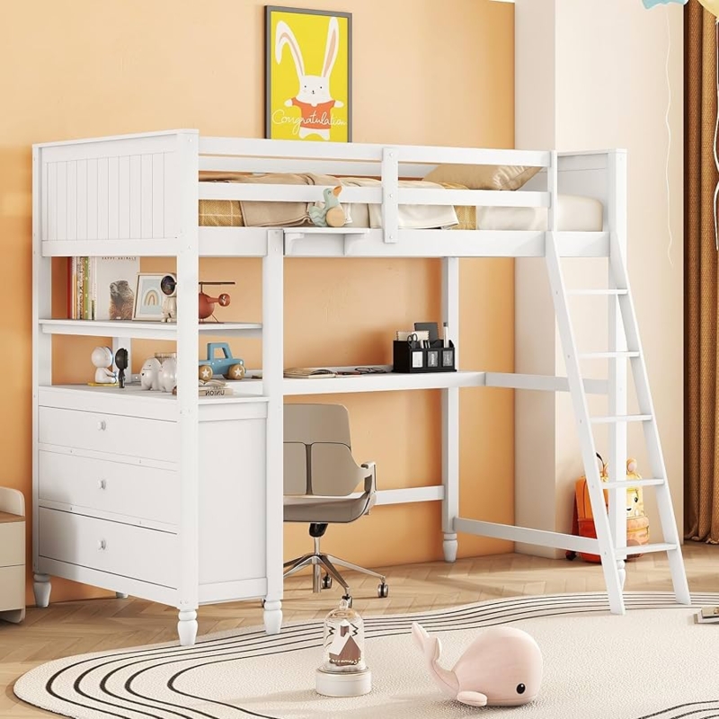 Loft Bed White Wood Desk Dresser Bun Feet Beadboard
