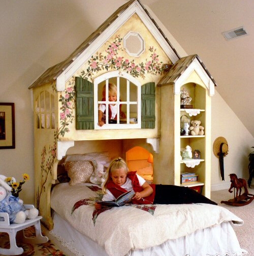 Loft Bed with Distressed Finish and Integrated Bookcase Unit