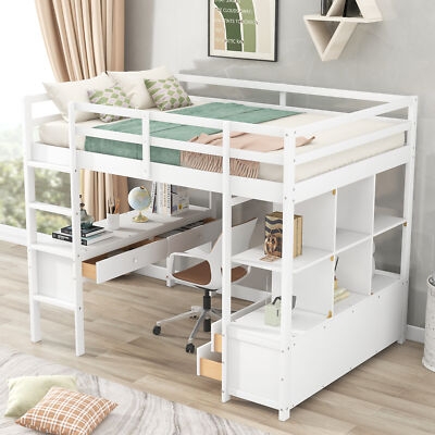 Loft Bed with Integrated Desk, Shelving and Open Cubbies