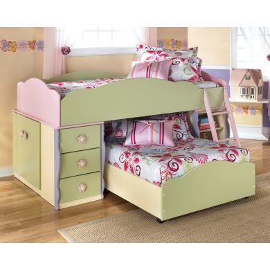 Loft Bed with Perpendicular Lower Bed and Floral Hardware