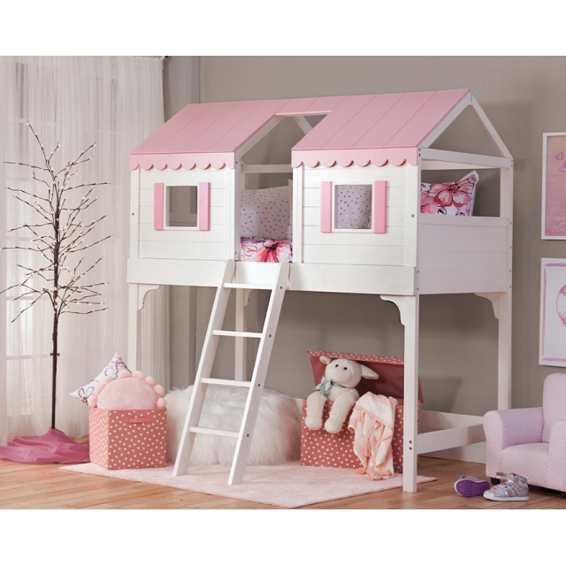 Loft Bed with Scalloped Trim and Pink Shuttered Windows