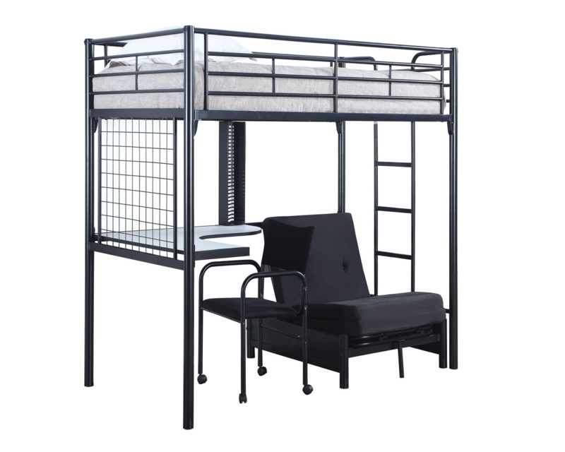 Loft Bunk Bed Matte Black Metal Corner Workstation Folding Futon
