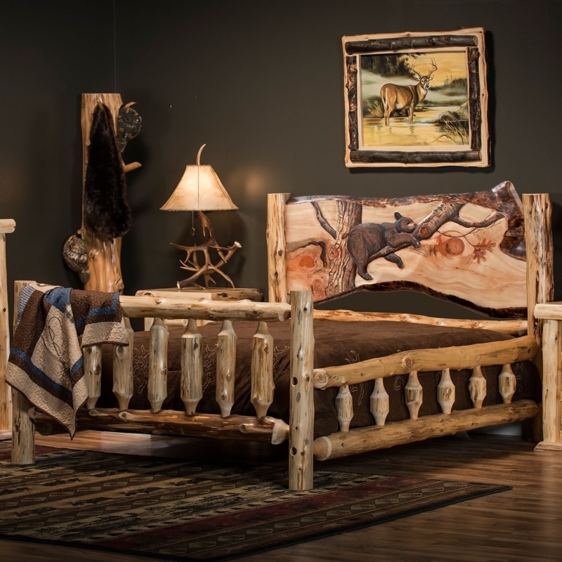 Log Bed, Hand Carved Bear Panel, Log Spindle Design, Rustic Lodge