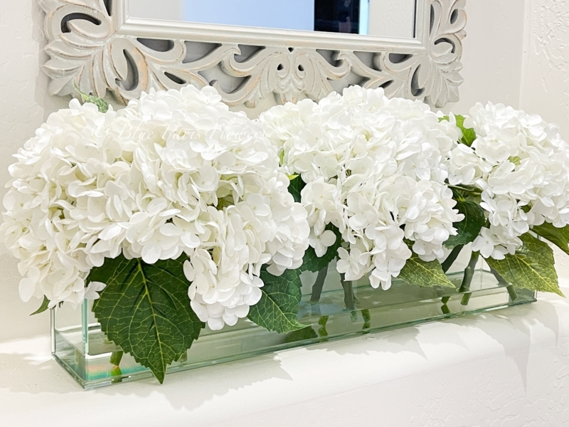 Long Hydrangea Centerpiece in Rectangular Glass Vase, Low Profile