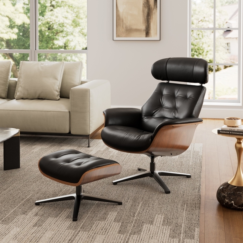 Lounge Chair and Ottoman Set Matte Black Walnut Shell