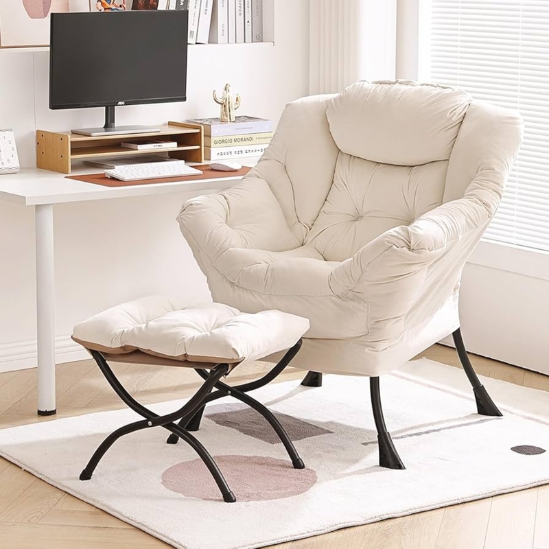 Lounge Chair Beige Tufted Headrest Pillow with Ottoman