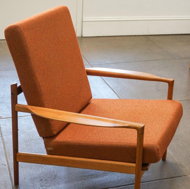 Lounge Chair Burnt Orange Fabric Sculptural Arms Slanted Back Teak
