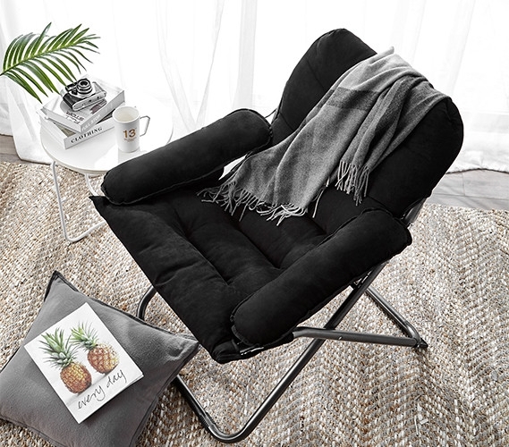 Lounge Chair Charcoal Black Folding X-Frame Tall Back Upholstered