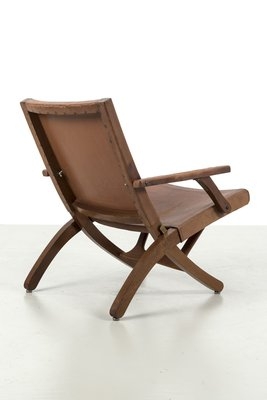 Lounge Chair Cognac Leather-Like Wide Arms Mid-Century
