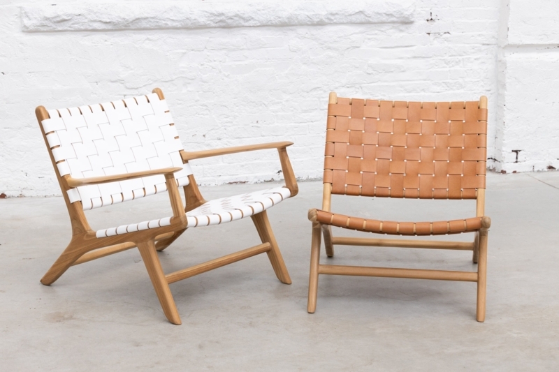 Lounge Chair crafted from Teak Wood with Woven Basket Weave Straps