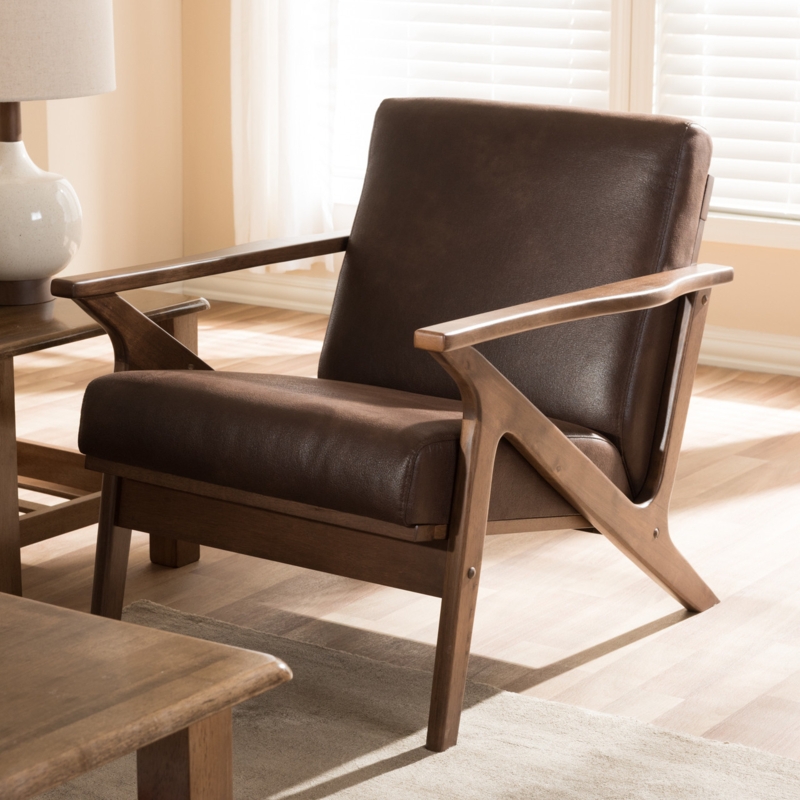 Lounge Chair featuring Angled V-Shaped Legs and Curved Wood Armrests