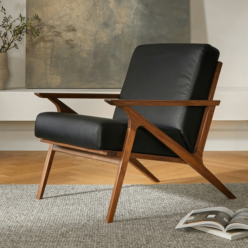 Lounge Chair featuring Sculptural Walnut Frame and Slanted Backrest