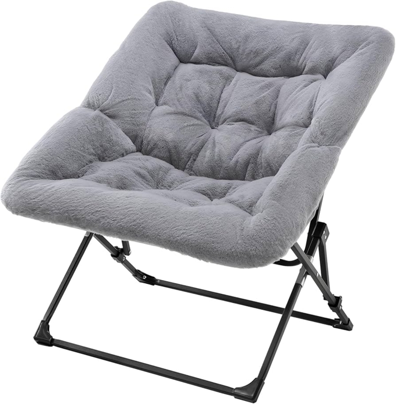 Lounge Chair Grey Faux Fur Folding Tufted Seat