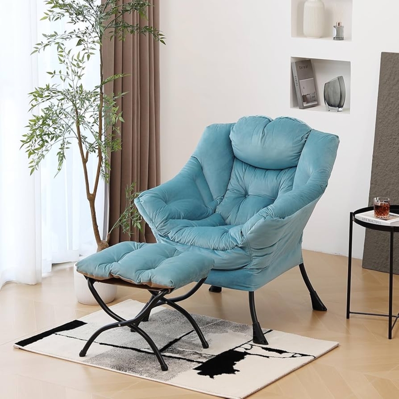 Lounge Chair Light Blue Velvet Wingback Tufted with Ottoman
