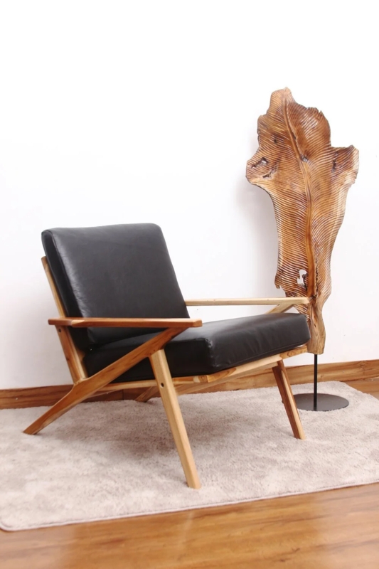 Lounge Chair Matte Black Leather Like Z Frame Arms Honey Brown Wood