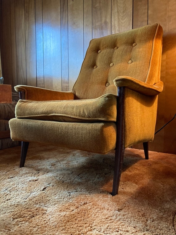 Lounge Chair Mustard Yellow Textured Fabric Retro High Back Seating