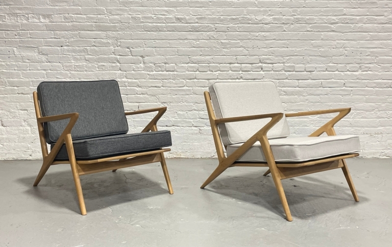 Lounge Chair Pair, Charcoal Grey Tweed, Z-Shaped Arms, Oak Frame