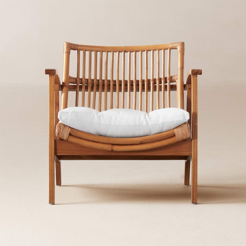 Lounge Chair Rattan Slatted Back, Curved Wood Base, White Cushion