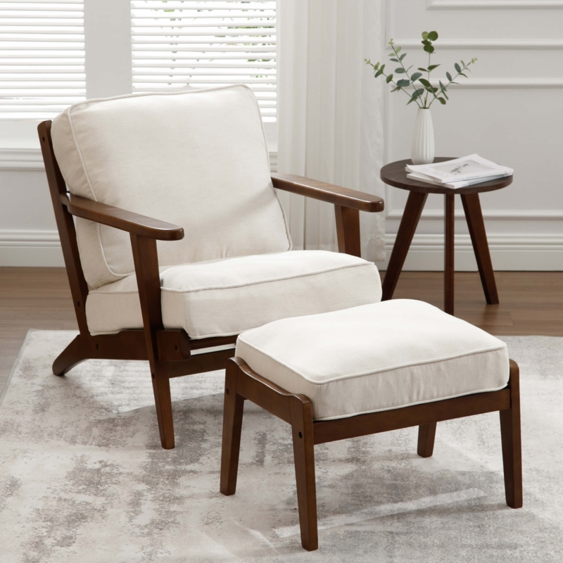 Lounge Chair Set: Cream Upholstery, Walnut Frame, Box Edge Cushions