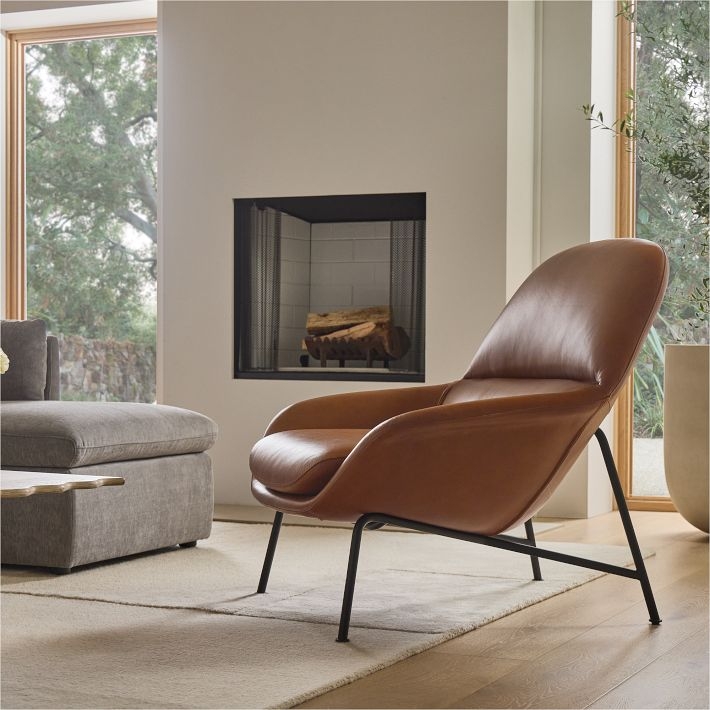 Lounge Chair Set of 2 Saddle Leather Curved Back Matte Black Legs