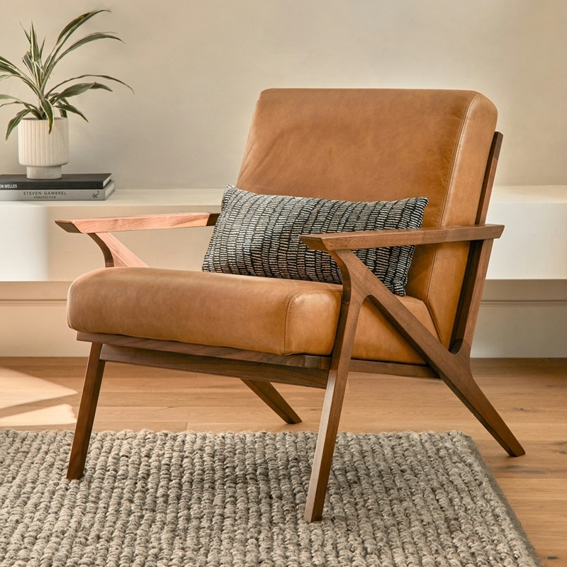 Lounge Chair with Angular Walnut Frame and Integrated Lumbar Pillow
