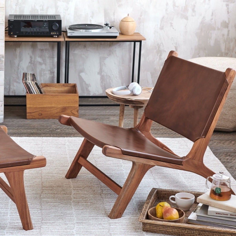 Lounge Chair with Cognac Sling Seat and Curved Mahogany Toned Frame