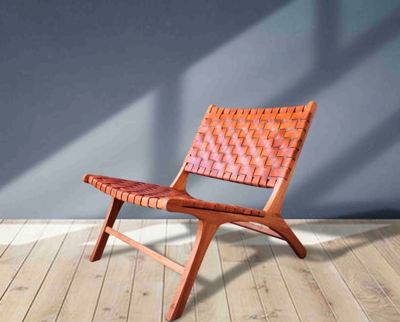 Lounge Chair with Exposed Metallic Rivets and Open Back Teak Frame