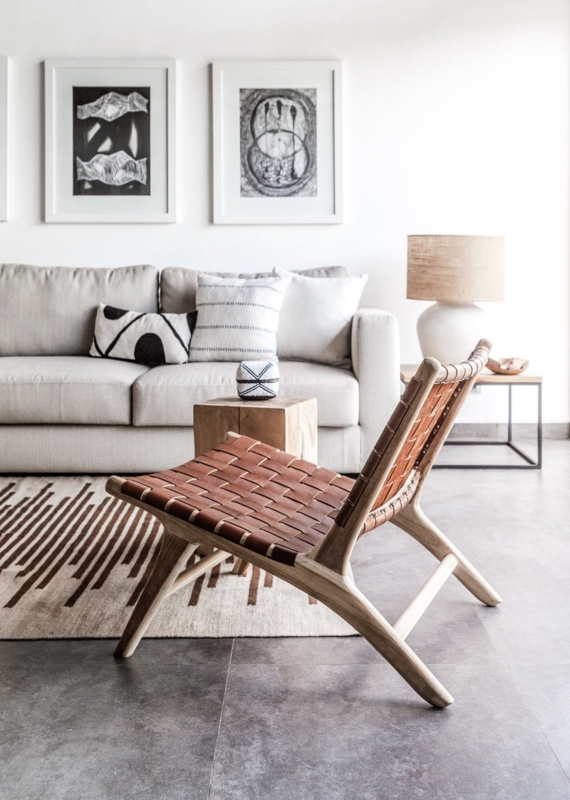 Lounge Chair with Woven Saddle Brown Straps and Angled Wood Legs