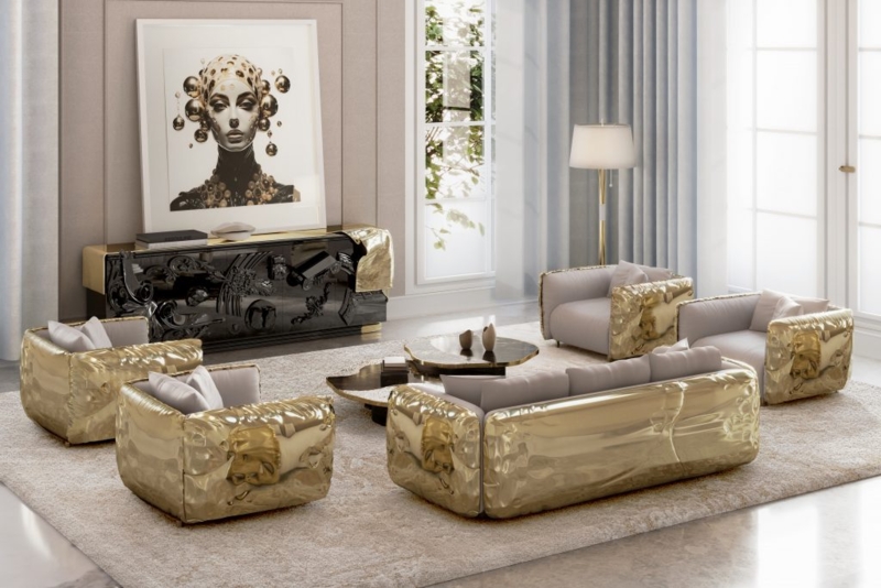 Lounge Seating Set: Crumpled Gold Shell, Avant Garde, Black Sideboard