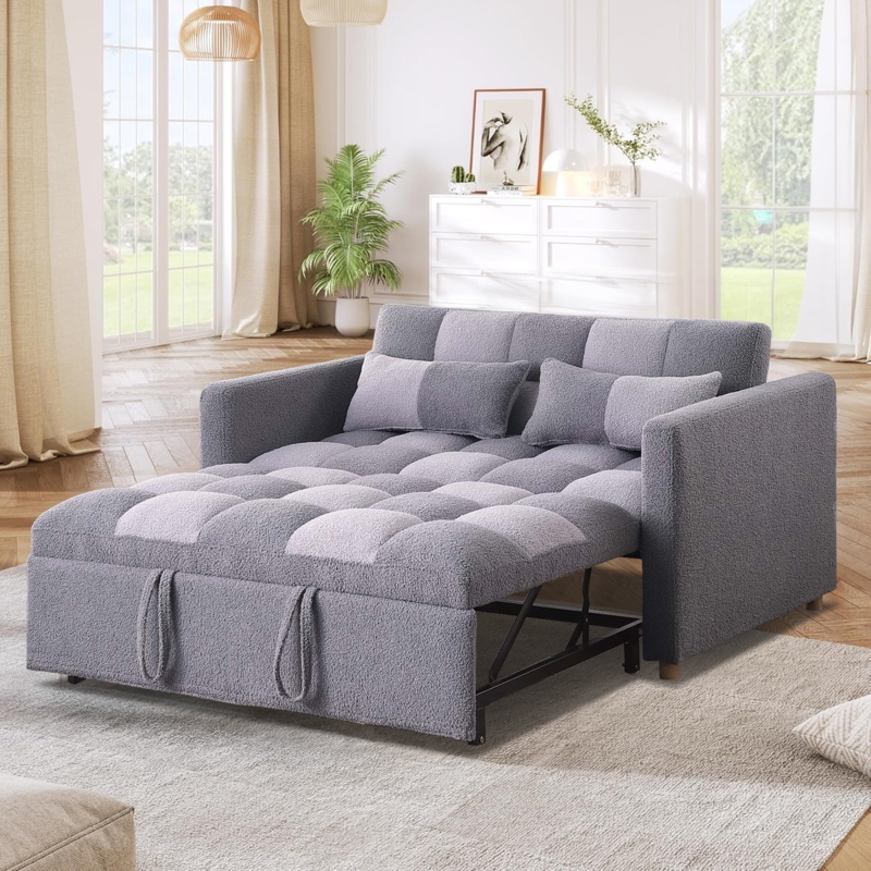 Loveseat Sleeper in Gray Teddy Fleece Texture with Checkerboard Tufting