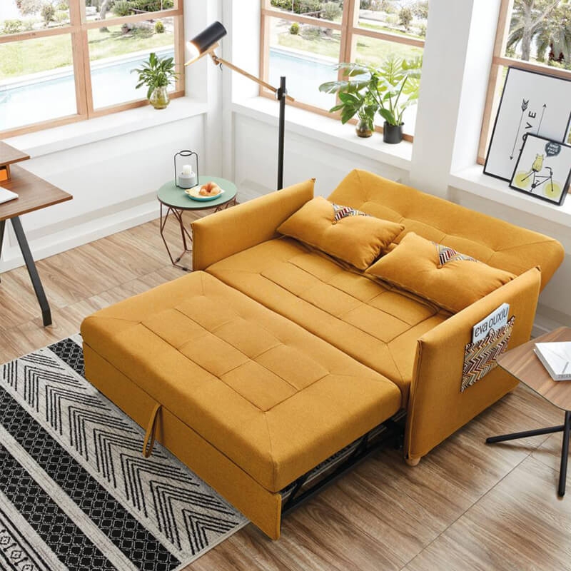 Loveseat Sleeper in Mustard Yellow with Side Pocket and Tapered Legs
