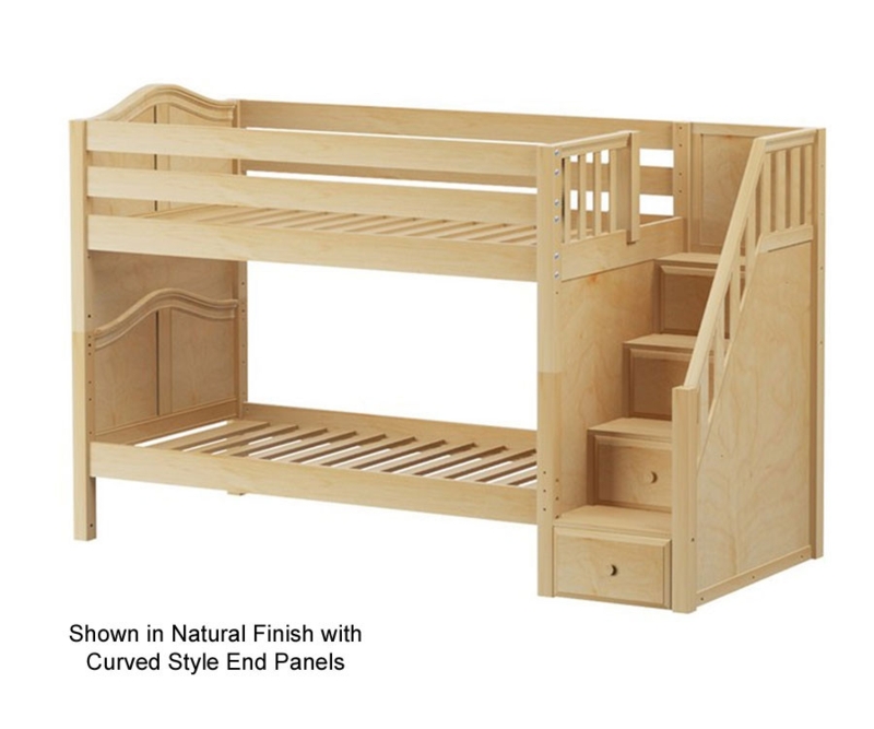 Low Bunk Bed Natural Wood Curved Panels Staircase with Drawers