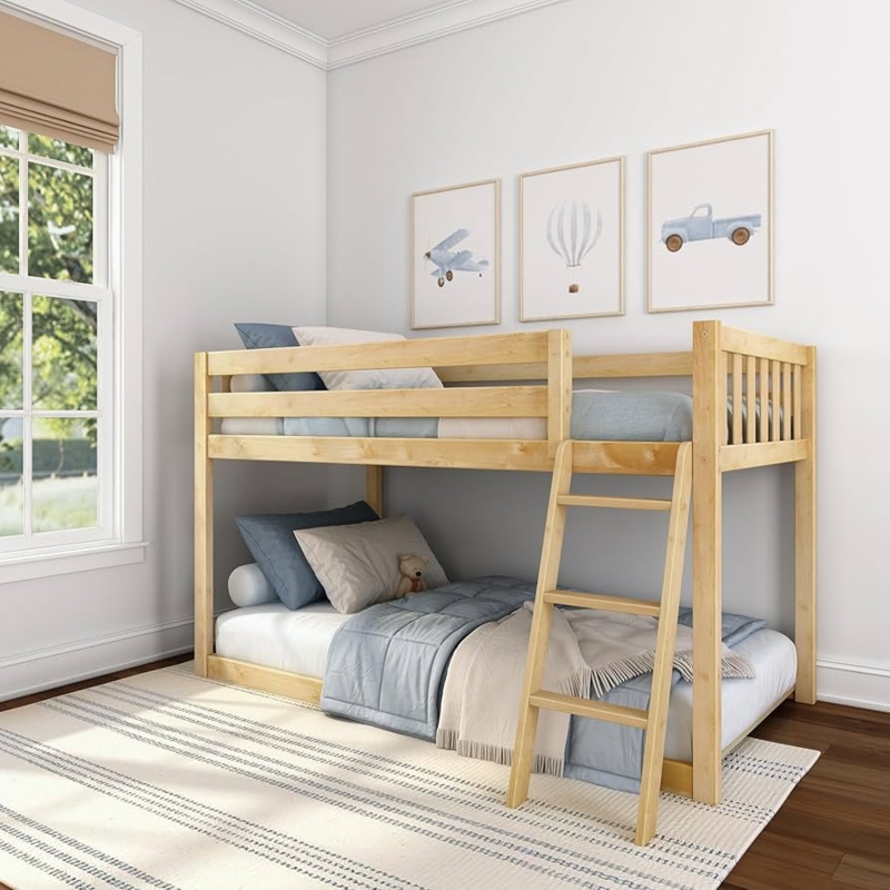 Low Bunk Bed Natural Wood Finish Minimalist Slat Headboard