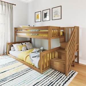 Low Bunk Bed Pecan Finish Twin Over Full Staircase Entry