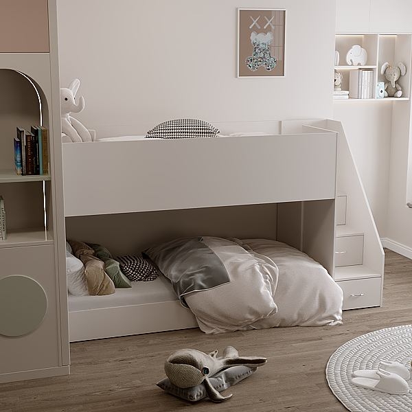 Low Bunk Bed Stairway Storage Integrated Bookcase Cream Finish