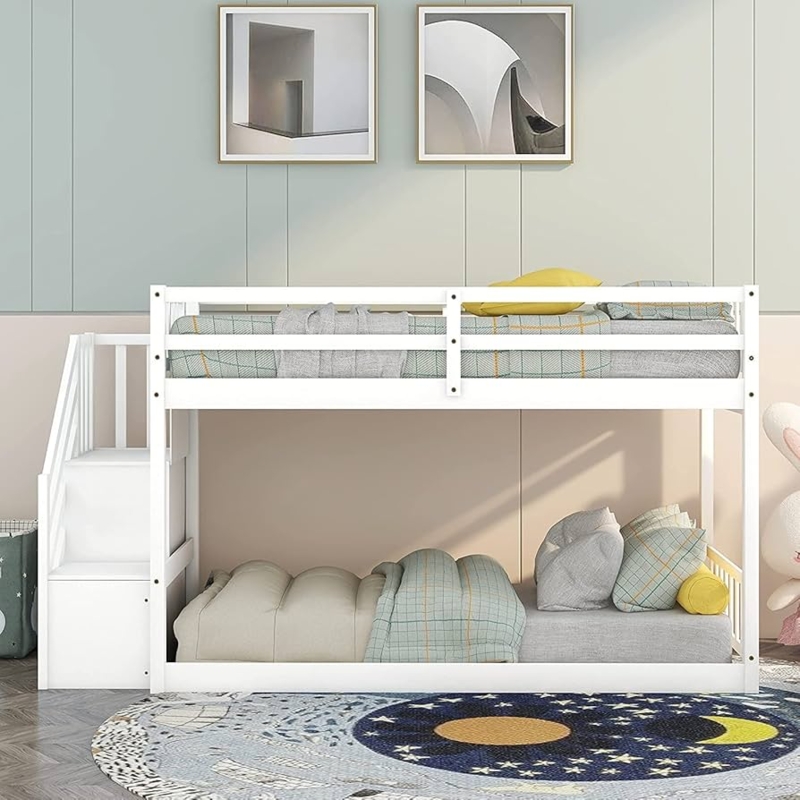 Low Bunk Bed White with Integrated Storage Stairs Twin