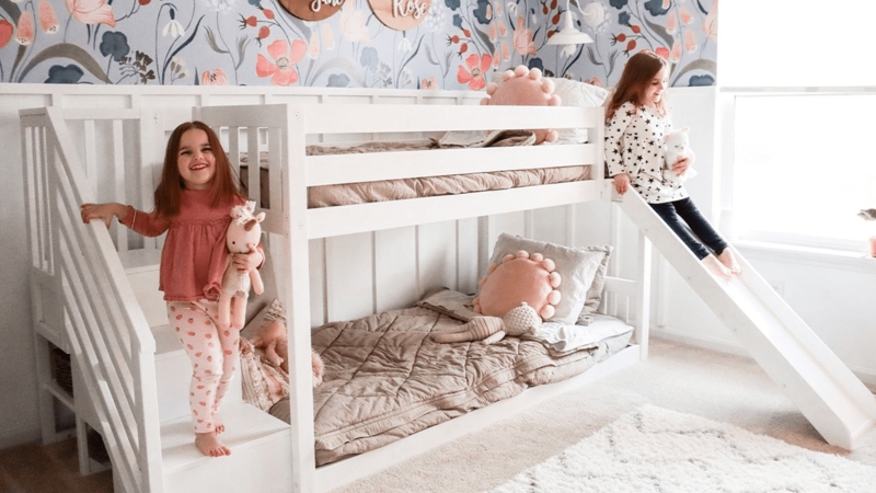 Low Bunk Bed White with Slide Attachment Storage Stairs