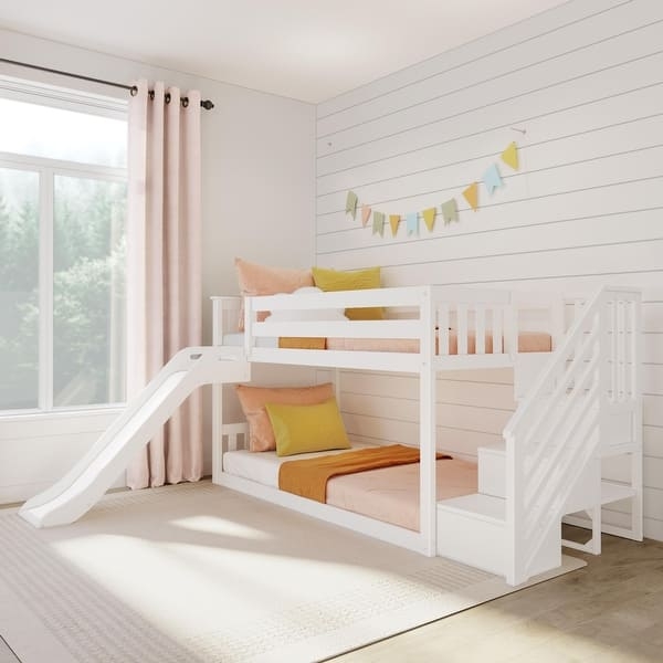 Low Bunk Bed with Slide and Stairs Bright White Modern Farmhouse