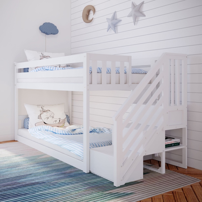 Low Bunk Bed with Staircase Open Shelving Modern Design
